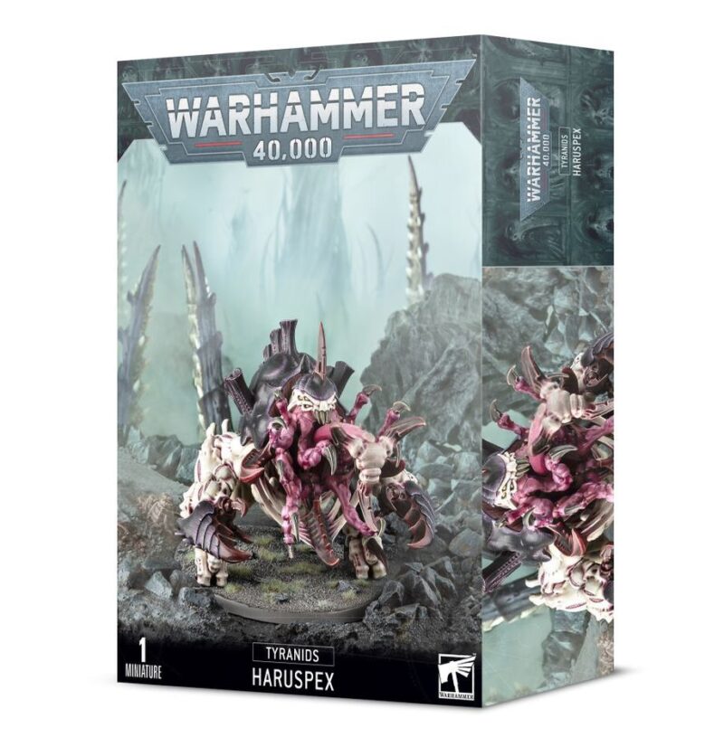 Tyranid Haruspex model box art for Warhammer 40K, showcasing detailed creature design and vibrant colors.