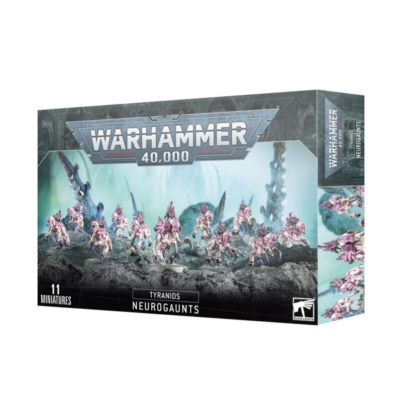 Tyranid Neurogaunts miniatures packaging displaying detailed alien models in a dark, dramatic design.