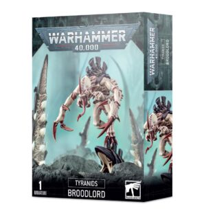 Tyranids Broodlord model box for Warhammer 40K, featuring dynamic art and intricate details.