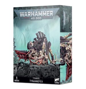 Tyranids Tyrannofex model kit packaging showcasing detailed design and Warhammer 40,000s grimdark aesthetic.