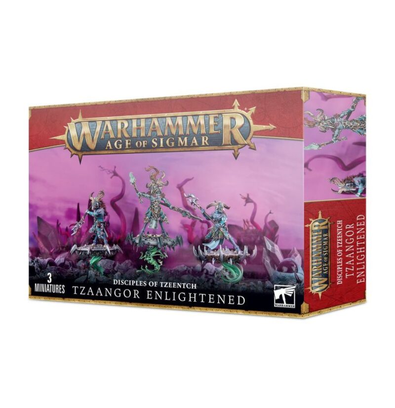 Tzaangor Enlightened miniatures set featuring dynamic designs in vibrant purple and gold packaging.