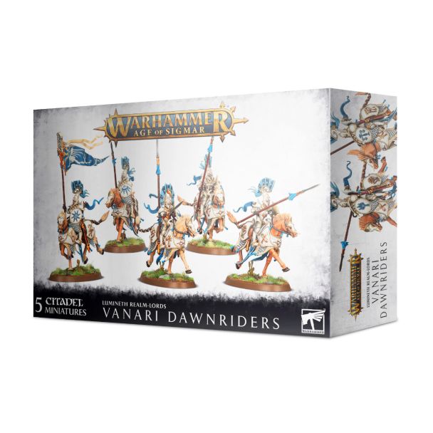 Vanari Dawnriders box set featuring five detailed miniatures for Age of Sigmar gameplay.