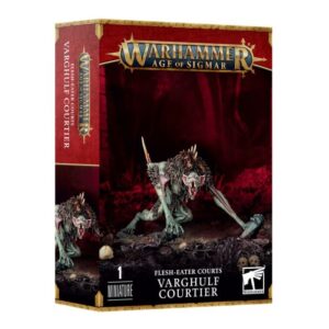 Varghulf Courtier miniature box from Warhammer Flesh-Eater Courts showcases gothic design and intricate details.
