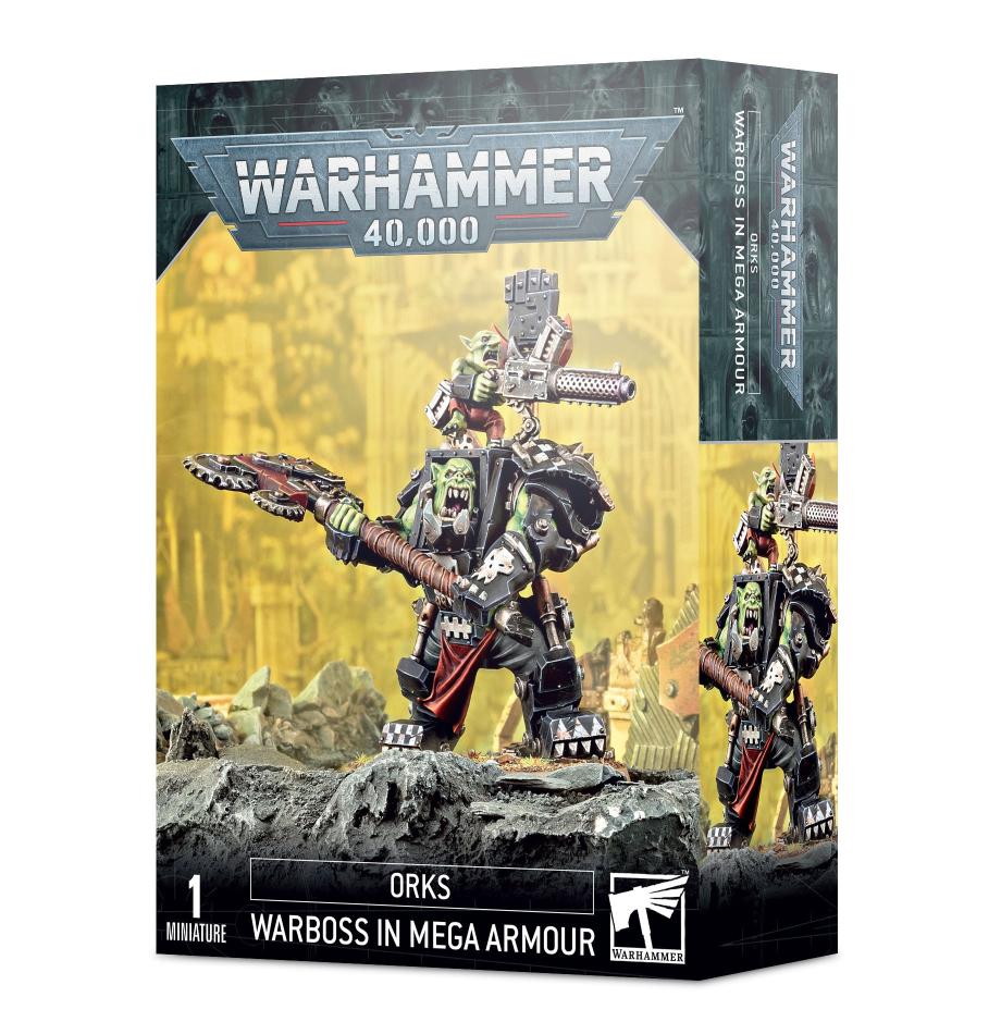 Ork Warboss in Mega Armour model kit, featuring vibrant packaging and dynamic artwork from Warhammer 40,000.