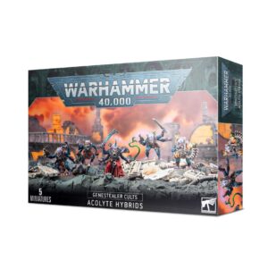 Warhammer 40K Acolyte Hybrids Miniature Set showcasing dark, dynamic artwork and unique hybrid figures.