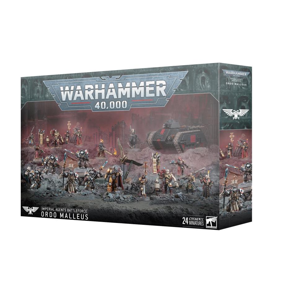 Warhammer 40,000 Ordo Malleus box set with detailed miniatures and dark sci-fi artwork.