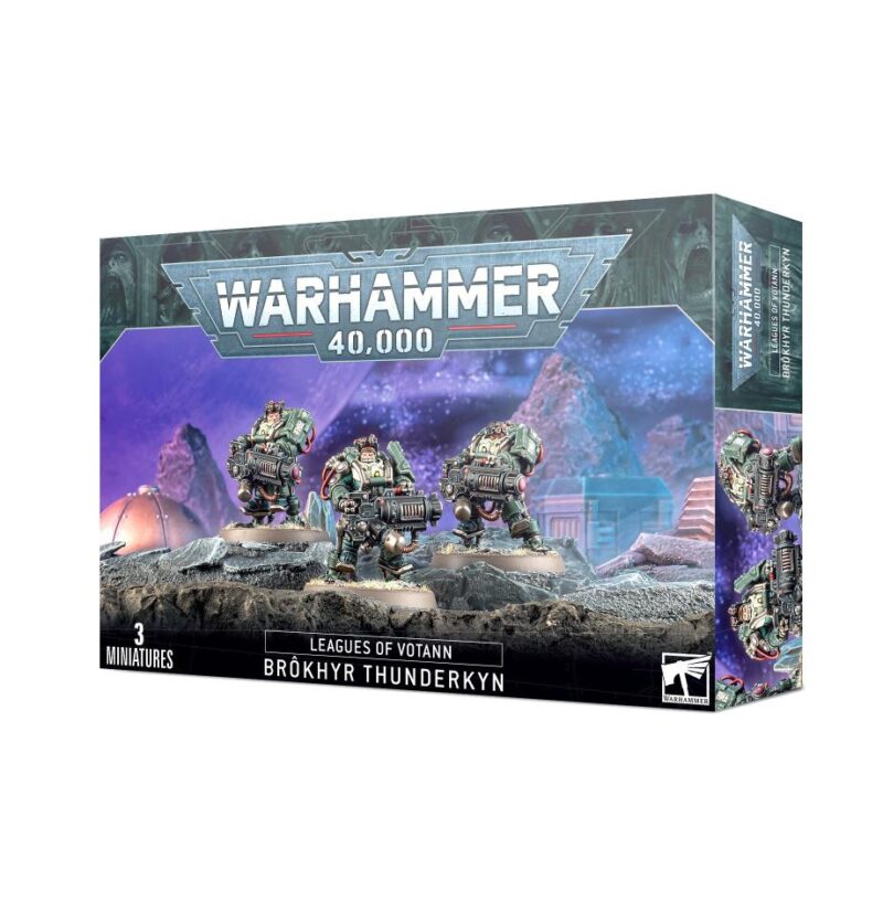 Warhammer 40K Brôkhyr Thunderkyn miniatures box set with vibrant sci-fi artwork and dynamic poses.
