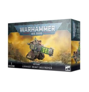 Warhammer 40K Lokhust Heavy Destroyer model packaging featuring a Necron figure in a ruined landscape.