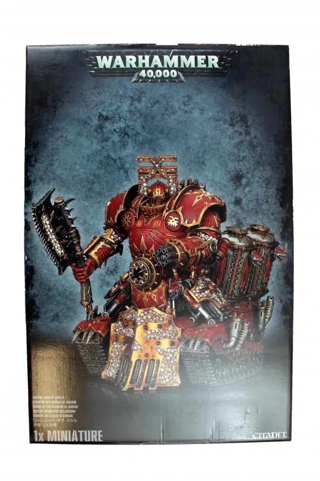 Epic Warhammer 40,000 collectible miniature: detailed warrior in red armor with spiked axe.