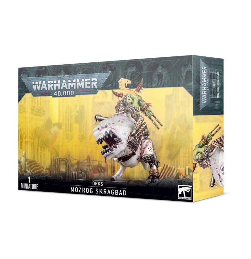 Mozrog Skragbad miniature from Warhammer 40,000, featuring an Orc on a fierce green beast.