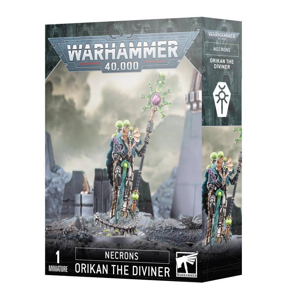 Orikan the Diviner miniature from Warhammer 40,000, featuring Necron sci-fi design and glowing staff.