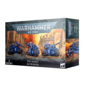 Warhammer 40,000 Outriders Model Kit with detailed miniatures and dynamic war-torn backdrop.