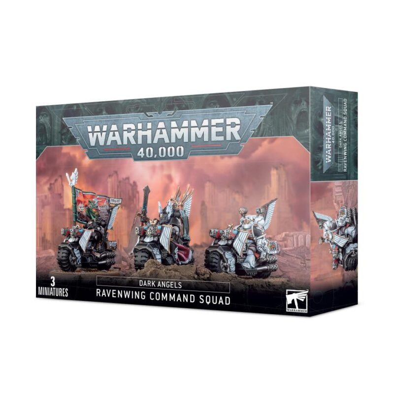 Ravenwing Command Squad box set for Warhammer 40,000 featuring detailed Dark Angels miniatures.