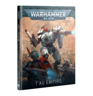 Tau Empire Codex cover featuring Fire Warriors and Battlesuit in a dramatic Warhammer 40K landscape.