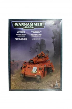 Vibrant Warhammer 40,000 armored vehicle model kit with dynamic crew and dramatic war-torn background.