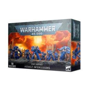 Warhammer 40,000 Assault Intercessors set: ten detailed Space Marines in vibrant blue, dynamic packaging.