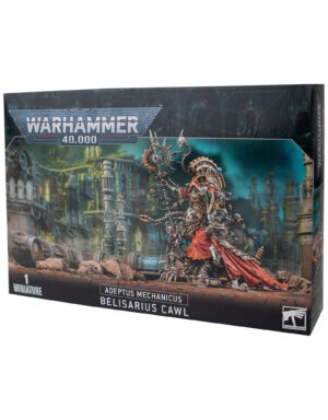 Belisarius Cawl Warhammer 40K model set featuring intricate design and dark industrial backdrop.