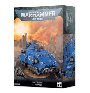 Warhammer 40K Gladiator tank model kit box art showcases a vibrant blue tank in a fiery landscape.