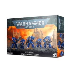 Warhammer 40,000 Heavy Intercessors: five detailed miniatures in blue armor, perfect for collectors.