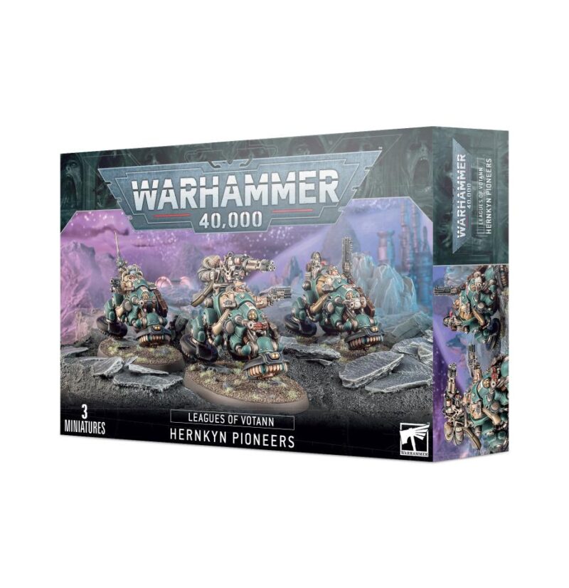 Hernkyn Pioneers miniatures from Warhammer 40,000, featuring three detailed figures for tabletop gaming.