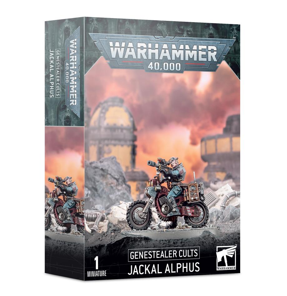 Jackal Alphas miniature box art from Warhammer 40,000, featuring dynamic design and immersive lore.