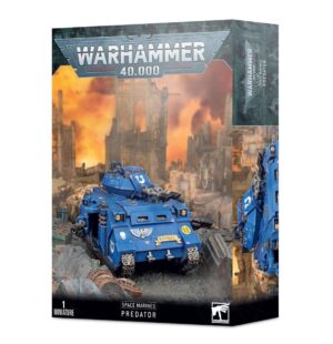 Warhammer 40K Predator Tank model kit showcases striking design and vibrant sci-fi battle imagery.