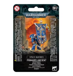 Primaris Ancient model figure from Warhammer 40K, featuring detailed armor and vibrant packaging.