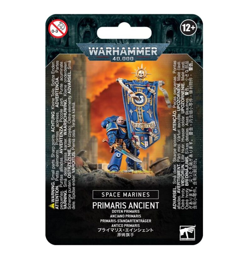 Primaris Ancient model figure from Warhammer 40K, featuring detailed armor and vibrant packaging.