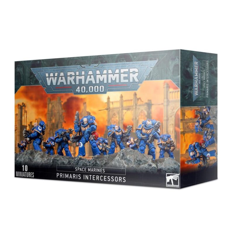 Warhammer 40,000 Primaris Intercessors box set featuring ten detailed miniatures for immersive gameplay.