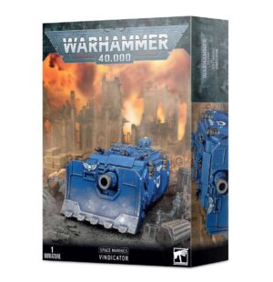 Vindicator Tank model kit from Warhammer 40,000, showcasing detailed blue armor in a battle scene.