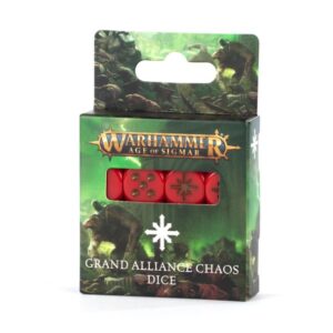 Vibrant Warhammer Age of Sigmar Chaos Dice Set with five red thematic dice inside.