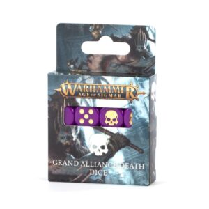 Dark-themed packaging for Warhammer Age of Sigmar Death Dice Set featuring purple dice with skulls.