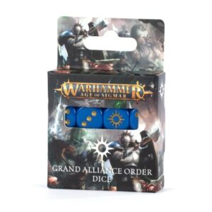 Warhammer Age of Sigmar Order Dice Set featuring vibrant blue and gold faction-themed dice.