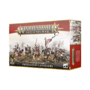 Miniature cavalry set from Warhammer Age of Sigmar featuring Freeguild Cavaliers in dynamic poses.