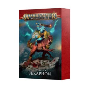 Vibrant Warhammer Age of Sigmar Seraphon Faction Pack box art featuring a warrior and dinosaur.