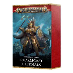 Stormcast Eternals Warscroll Cards box featuring a heroic warrior in golden armor for Age of Sigmar.