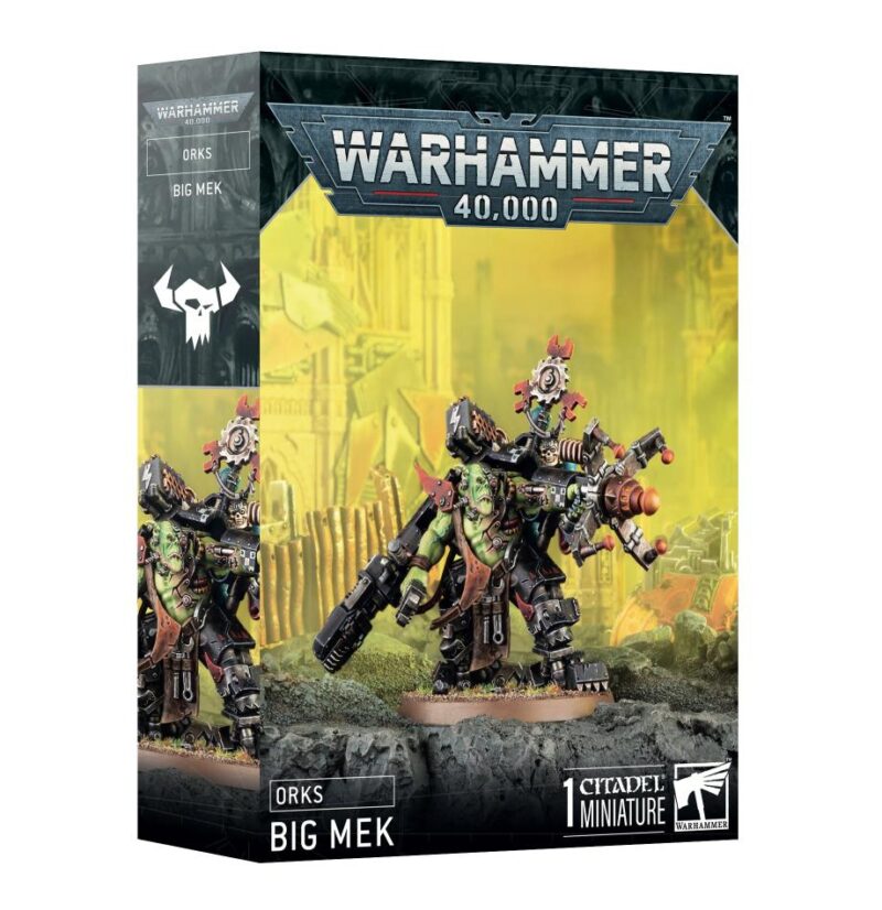 Big Mek miniature from Warhammer 40,000 in bold packaging with detailed Ork design.