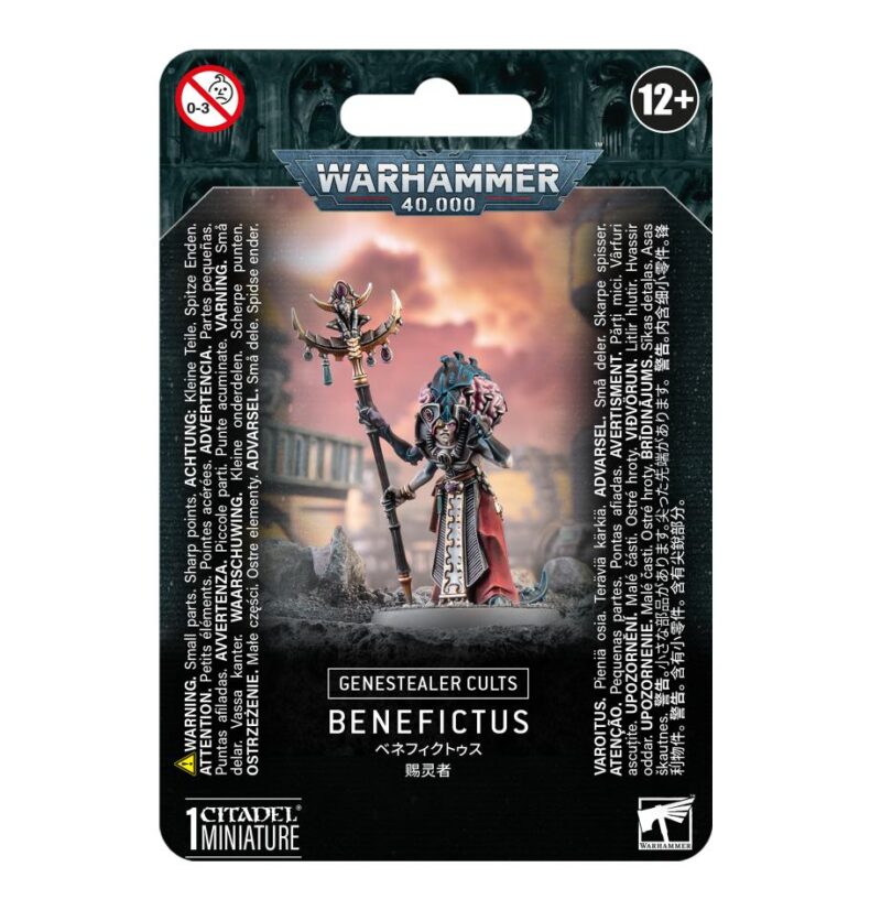 Intricately detailed Genestealer Cults Benefictus miniature from Warhammer 40,000, designed for ages 12+.