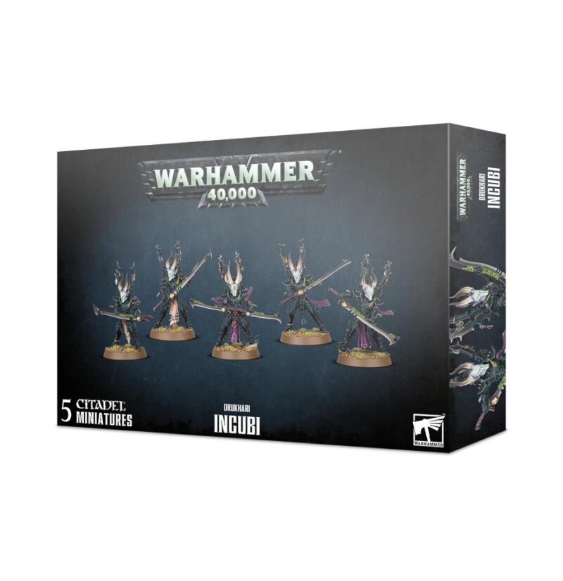 Elite Dark Eldar Incubi miniatures set for Warhammer 40,000, featuring dynamic poses and intricate details.