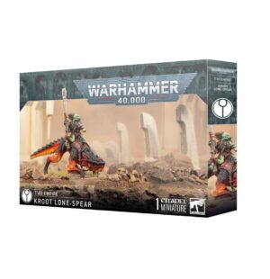 Kroot Lone-Spear miniature in dynamic pose, set against a gritty Warhammer 40,000 landscape.