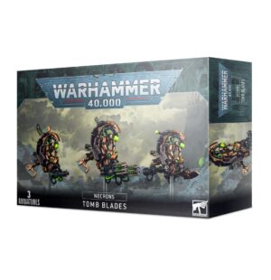 Necron Tomb Blades box set featuring three detailed miniatures for Warhammer 40,000 gameplay.