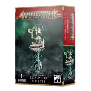 Nighthaunt Scriptor Mortis miniature box art for Warhammer: Age of Sigmar. Eerie design and details.