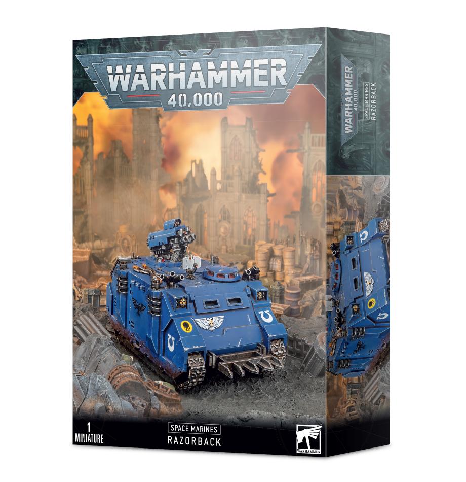 Razorback model kit for Warhammer 40,000 Space Marines, featuring detailed artwork and apocalyptic scenery.