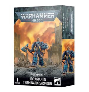 Space Marine Librarian in Terminator Armor figure box art, showcasing vibrant details and dramatic scenery.