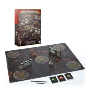 Warhammer Spearhead tabletop set: vibrant artwork, battle mat, terrain pieces, and strategic gameplay cards.
