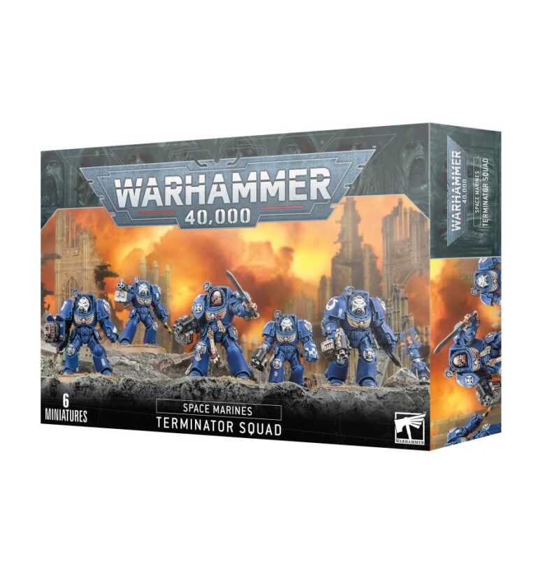 Warhammer 40,000 Terminator Squad kit: six customizable Space Marines in vivid battle artwork.