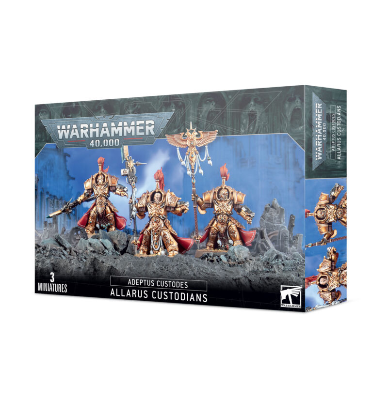 Adeptus Custodes Miniature Set for Warhammer 40,000 with three detailed golden-armored warriors.