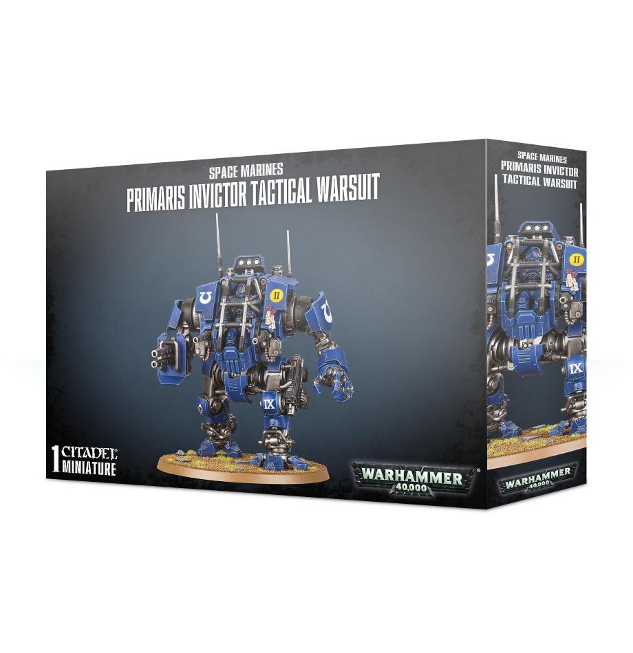 Primaris Invictor Tactical Warsuit: Detailed Space Marines model in blue and yellow, ideal for collectors.