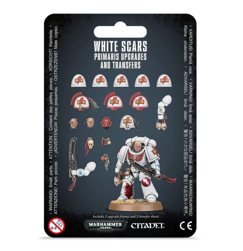 White Scars Primaris Upgrade Set for Warhammer 40,000 with customizable components and vibrant graphics.