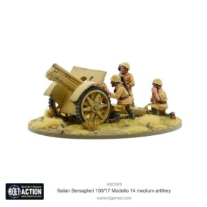 Italian Bersaglieri crew operates 100/17 Model 14 artillery in action-packed terrain model.